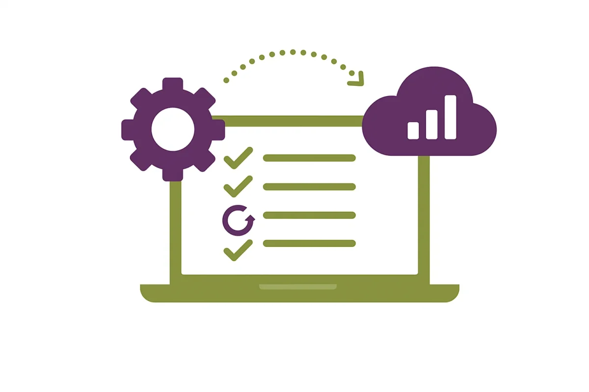Laptop illustration showing real-time data automation and synchronization between systems.