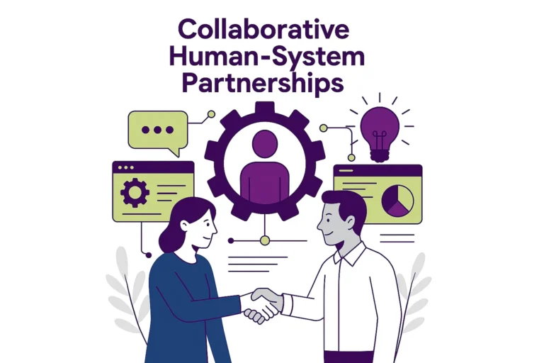 Illustration of two people shaking hands, symbolizing collaborative human-system partnerships, with icons of technology, communication, and innovation in the background.